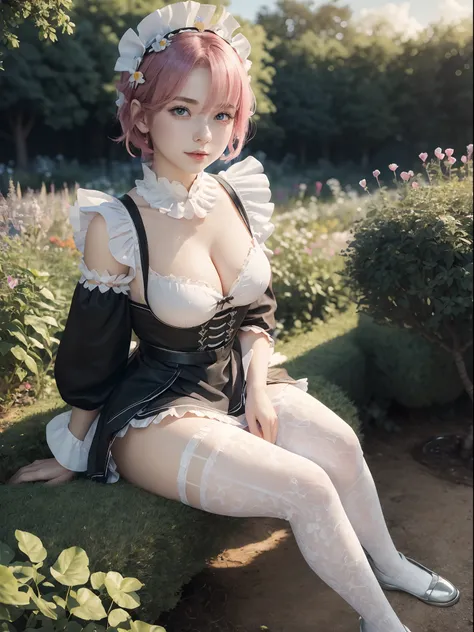 (masterpiece, best quality:1.4), (full body:1.5), (sitting: on the garden:1.5), on a beautifull and rich mansion, 1girl, solo, rem_re_zero, pink hair, (pink hair:0.5), short hair, maid uniform, (black maid uniform:1.5), hair ornament, cleavage, maid headdr...