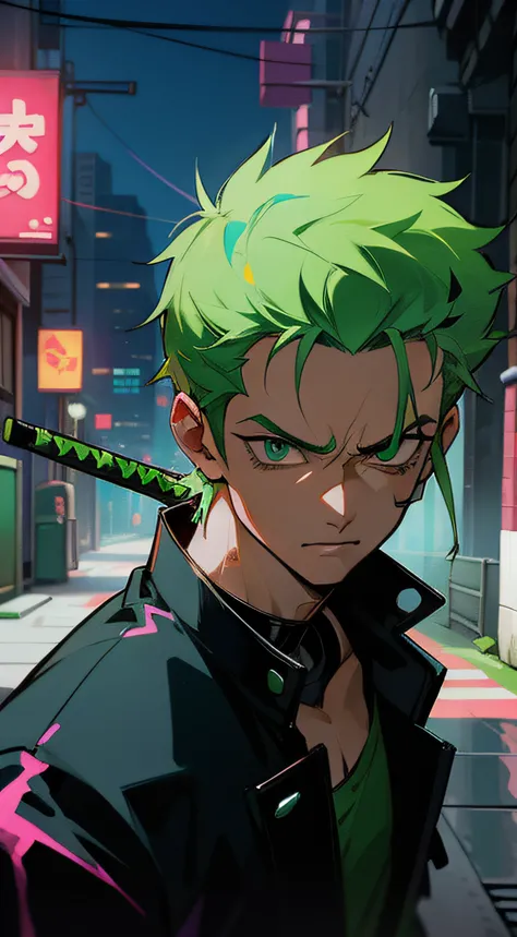 generate Roronoa Zoro, cyberpunk look, cinematic , studio lightning, neon, extremely detailed, super detailed, hyper detailed, street background , with clear face