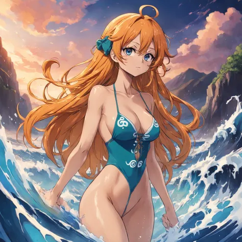 obra prima estilo anime feminina, Sexy Nami style strokes from One Piece, com detalhes bem realistas nas curvas sexy, com cabelo branco, de frente