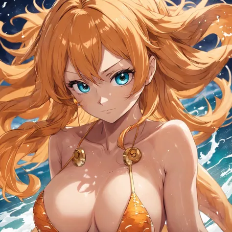 obra prima estilo anime feminina, Sexy Nami style strokes from One Piece, com detalhes bem realistas nas curvas sexy, com cabelo branco, de frente