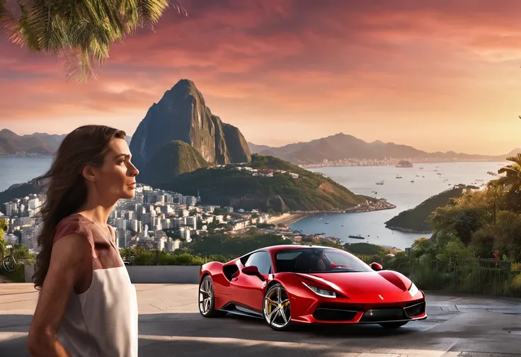 (Best quality, 8k, Masterpiece :1.2), hyper realistic, city of Rio de Janeiro Brazil, at a mountain, an detailed red Ferrari 488, Redeemer Christ in the background, a beautiful brown hair girl in sport clothes looking at landscape, sunny day, summer