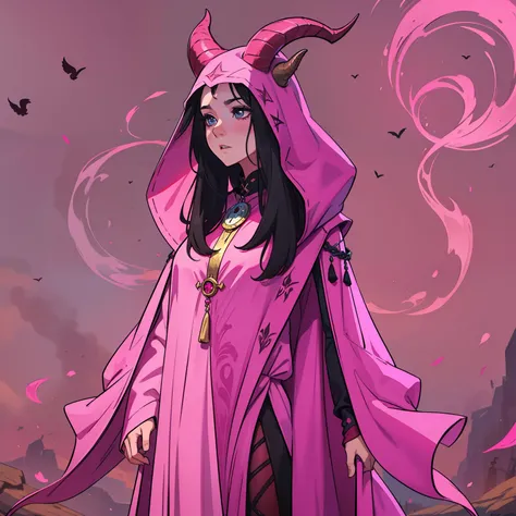 A beautiful pink-skinned woman pink as a pink-skinned devil with long black hair that goes all the way to the ground Make her like a sorceress in a setting full of magic and mystery A character for medieval RPG she must be wearing medieval robes covering h...