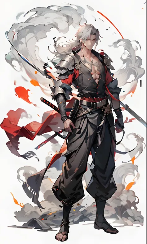 1boy, arma, male focus, , long hair, , , holding swords, , , standing, armor, grey hair, scabbard, pectoral muscles, , belt bag,...