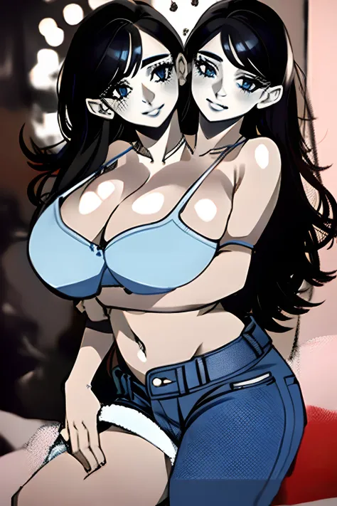 2heads, a short fat girl with 2 heads. She has massive fat breasts. She is extremely short. She has long straight dark hair. She is wearing a colorful push-up bra and jeans. She is extremely fat. She looks mature. She looks motherly. She is blushing. She h...