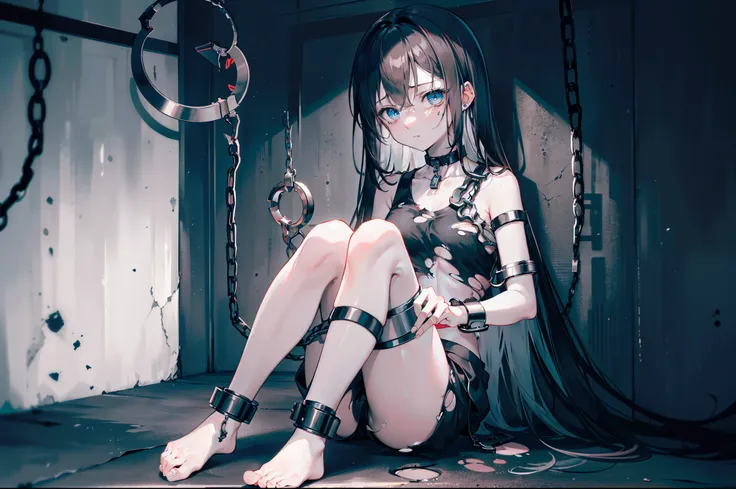 Anime teen girl, wearing heavily torn apart pure black and white tank top and white shorts, (((long ish black tied hair))), very messy hair, subtle blue eyes, nose, saddening, closed mouth, pale skin, striped, midriff, prison clothes, depressed, notable sc...