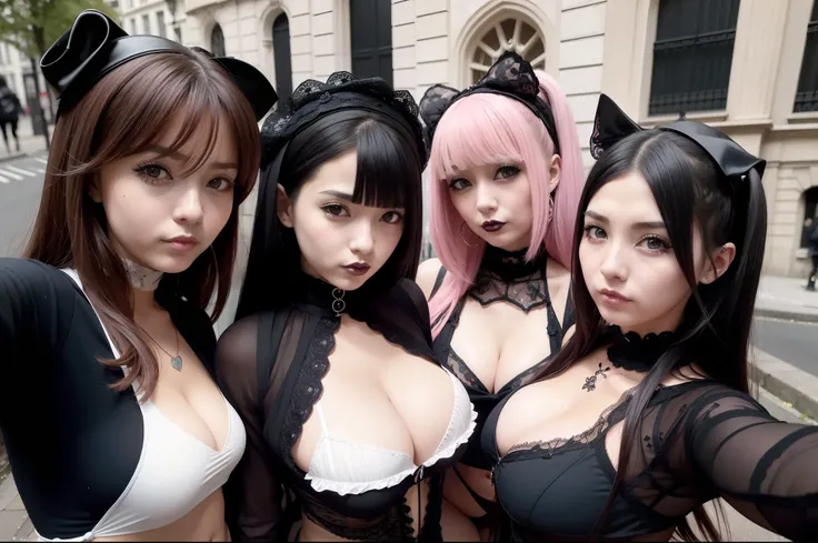 (obra maestra) (La mejor calidad) A selfie of several gothic-looking kawaii women on a London street. are young, alegre y me encanta hacer bromas en las fotos.