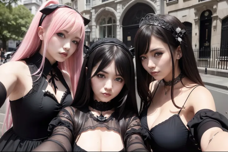 (obra maestra) (La mejor calidad) A selfie of several gothic-looking kawaii women on a London street. are young, alegre y me encanta hacer bromas en las fotos.