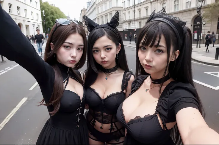 (obra maestra) (La mejor calidad) A selfie of several gothic-looking kawaii women on a London street. are young, alegre y me encanta hacer bromas en las fotos.