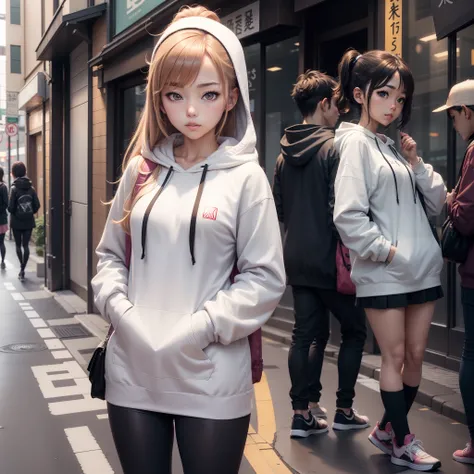 Single Anime girl wearing hoodie, standing at a street in Tokyo.Ulta hd, detailed,Fine line art, Beautiful Face and body.