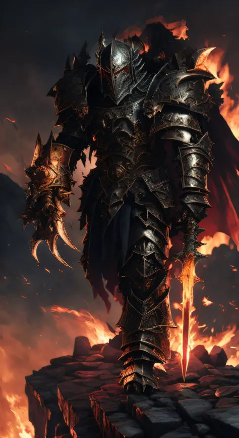 a close up of a man in armor standing on a rock, lord of cinder, chaos marine, khorne, ares with heavy armor and sword, deathwing, warhammer art, warhammer 4 0 k artwork, grimdark paladin, 4 k detail fantasy, black fire color reflected armor, warhammer fan...