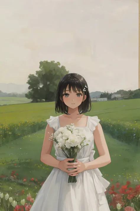 there is a girl in a white dress holding a bouquet of flowers, portrait of girl in flower field, young asian girl, girl frontal in a flower field, with flowers, girl standing in a flower field, woman standing in flower field, standing in a field with flowe...