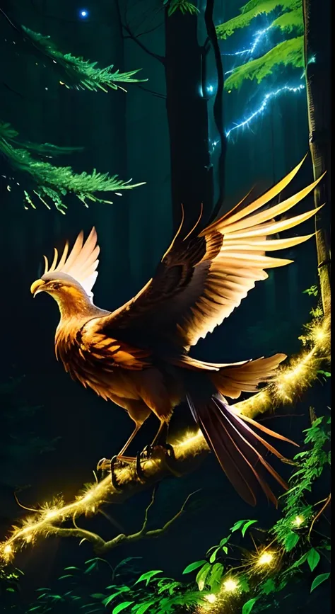 Phoenix rests its wings in the forest at night、hight resolution、Live Action