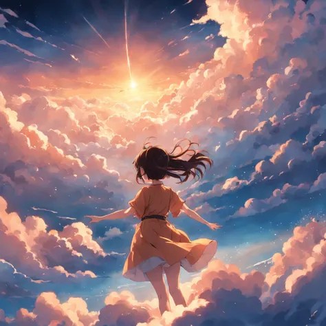 tmasterpiece，best qualtiy，cinematic Film still from，4men，Cloud Girl，Floating in the sky，closeup cleavage，brightly，cheerfulness，Warm and soft lighting，the sunset，（spark of light：0.7）