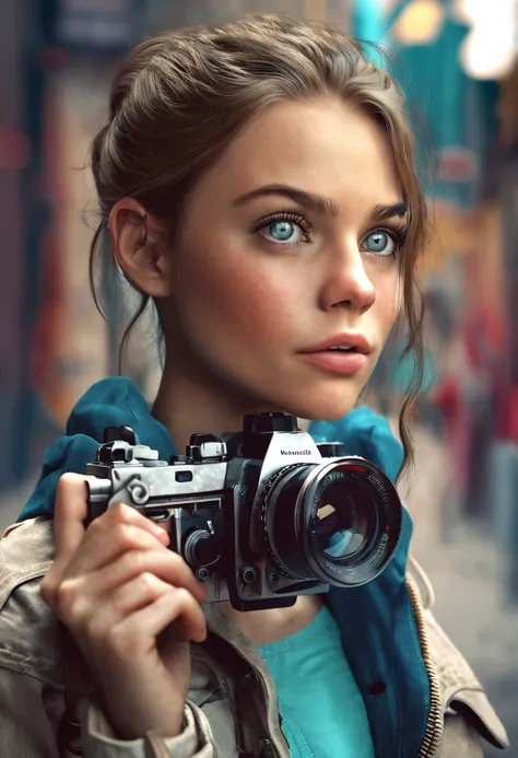 photo realistic, pretty girl, 22, blue eyes holding a camera, --ar 4:5