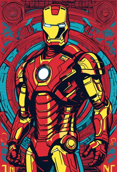 "Iron Man in a highly detailed and vibrant vector-style t-shirt design with circular printing format."