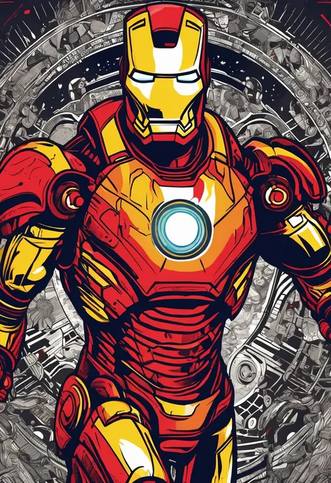 "Iron Man in a highly detailed and vibrant vector-style t-shirt design with circular printing format."