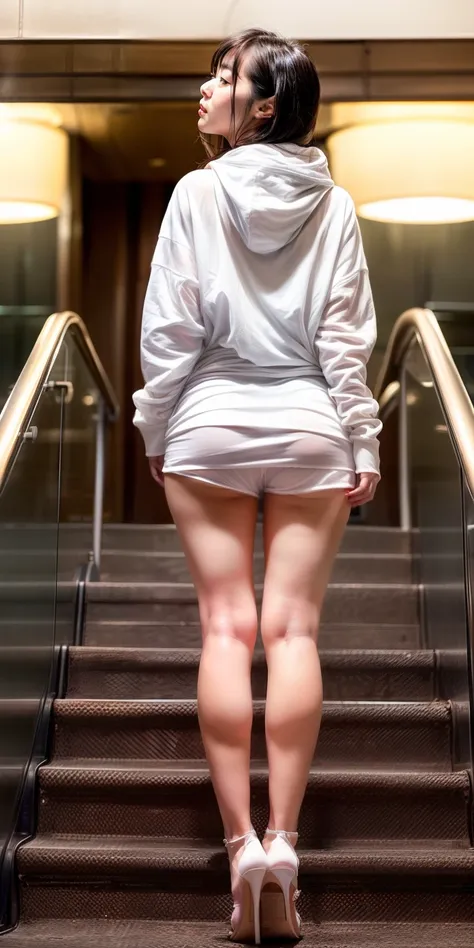 Portrait of a 30-year-old Korean girl: 1.5、1 girl、Long-range shots: 1.0，((Dim lighting at night：1.5、Stand on the escalator、There are crowds、Dont look at the lens: 1.5、(White transparent hoodie：1.35、Wear jewelry: 1.0、Bare back: 1.35、open waist: 1.2、Dewy)、wh...