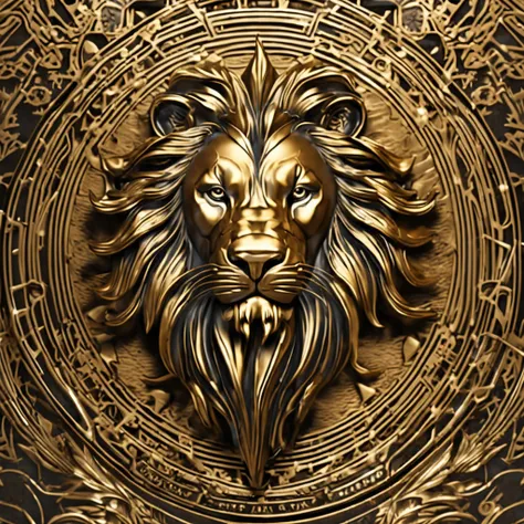 Make a logo with the head of a lion stylized in metal in gold color