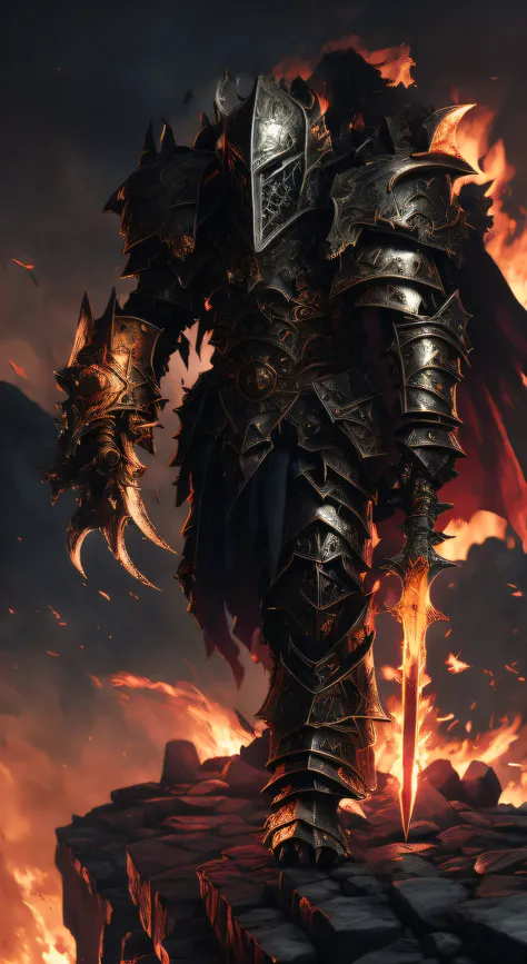 a close up of a man in armor standing on a rock, lord of cinder, chaos marine, khorne, ares with heavy armor and sword, deathwing, warhammer art, warhammer 4 0 k artwork, grimdark paladin, 4 k detail fantasy, black fire color reflected armor, warhammer fan...