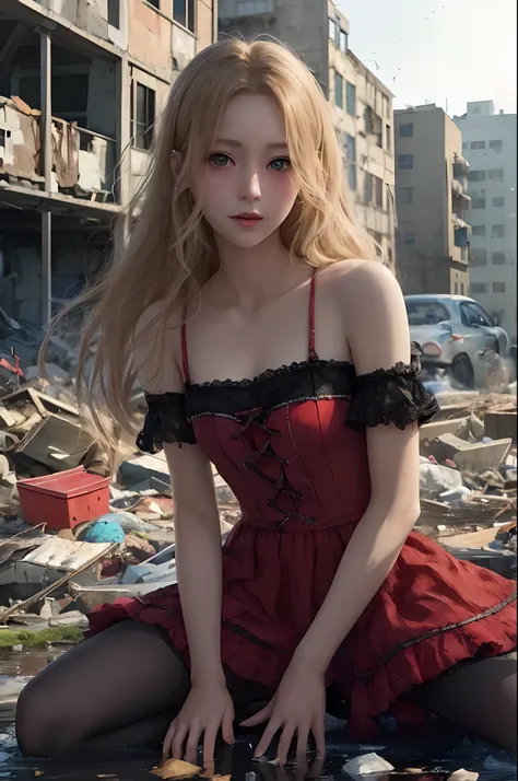 arafed girl 16y  in a red dress sitting on a pile of rubble, anime girl in real life, guweiz on pixiv artstation, in a ruined cityscape, guweiz on artstation pixiv, artwork in the style of guweiz, 🌺 cgsociety, beautiful digital artwork, sakimichan frank fr...