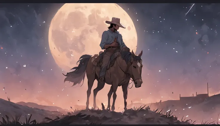 There is a man on a horse in front of a full moon, Andar a cavalo na lua, Vaqueiro, Cowboy na Faixa, Foto traseira de um cowboy, No Velho Oeste, O Cowboy no Estranho Oeste, Velho Oeste, Lone guard, sonho de Vaqueiro, quadrinhos ocidentais inspirados, lonel...