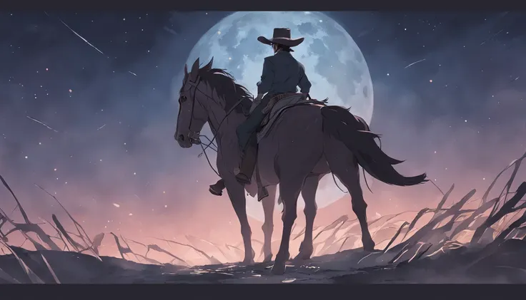 There is a man on a horse in front of a full moon, Andar a cavalo na lua, Vaqueiro, Cowboy na Faixa, Foto traseira de um cowboy, No Velho Oeste, O Cowboy no Estranho Oeste, Velho Oeste, Lone guard, sonho de Vaqueiro, quadrinhos ocidentais inspirados, lonel...