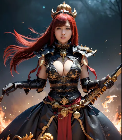 (masutepiece), Professional , ​masterpiece、top-quality、photos realistic , depth of fields （Gemstone Black Metal Body:1.９),(Matte Black、（cleavage of the breast）、Dragon Gold Weapon（Dragon Metal Body:1.４),Gorgeous Silver Weapons ,（（ Dragons dense and gorgeous...