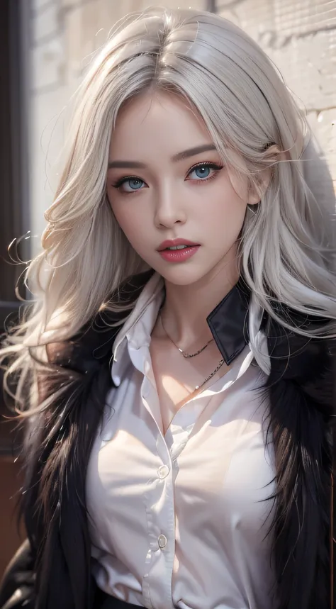 Photorealistic, high resolution, 1 Women, Solo, Waist up, Beautiful eyes, Close lips, Detailed face, White hair, Long hair, Collared shirt, black necktie,Black skirt, pencil skirts, Fur coat, Stockings