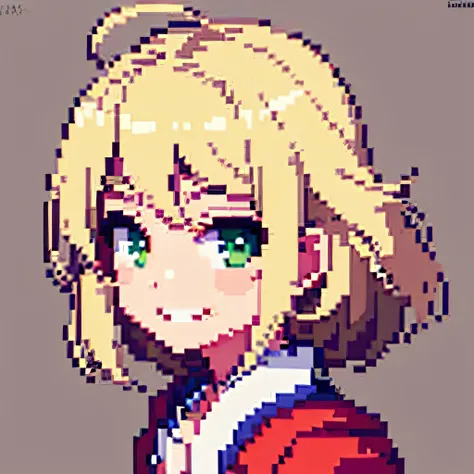 hcnone, pixel art, (high quality), (ultra detailed) ,masterpiece, pixel, 1girl, portrait, beige blonde hair,  green eyes, petite, small chest, face only, looking at viewer, profile picture, smile, grin, tsundere, ahoge, anime style, simple background, grey...