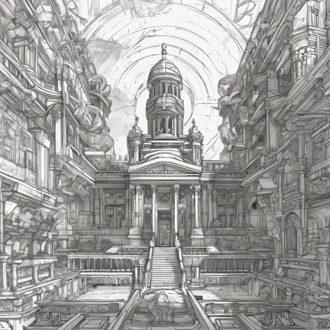 arafed drawing of a building with a clock tower and a staircase, symmetric concept art, extremely detailed linework, senior concept artist, scenery art detailed, highly detailed linework, scenery artwork, exterior of scifi temple, concept art highly detail...