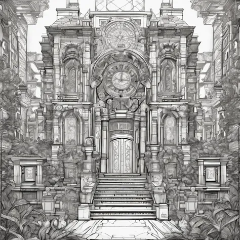 arafed drawing of a building with a clock tower and a staircase, symmetric concept art, extremely detailed linework, senior concept artist, scenery art detailed, highly detailed linework, scenery artwork, exterior of scifi temple, concept art highly detail...