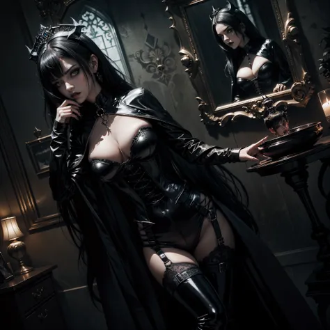 Araffed woman in black latex posing in a room, gotic girl,dark goth queen, Beautiful elegant demon queen, Portrait of a Gothic, gothic maiden of the dark, mulheres furiosas de cabelos escuros e franja, Fantasia sombria e sedutora, goth woman, arte de estil...