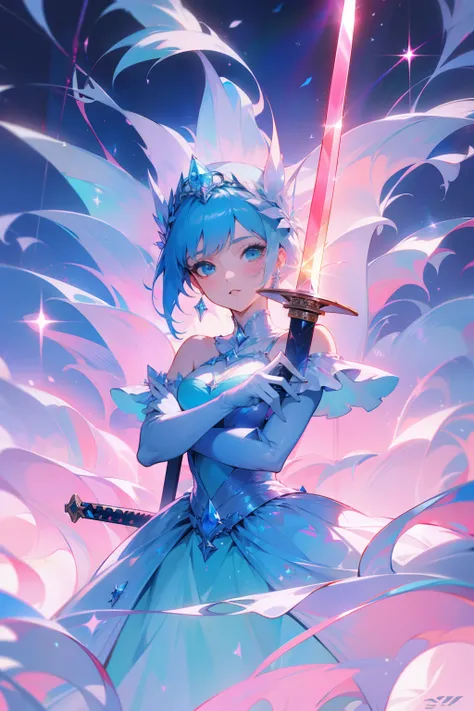 (((Sword)))，A woman of outstanding figure，Wear a beautiful princess dress，Leaking out of both shoulders，jewely，high definition detail，Amazing work，Vitreous luster,((clean backdrop))，High gloss，In pink，blue colors，green color，red colour