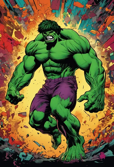 "The Incredible Hulk unleashing furious anger, vibrant and striking colors, unique vector-style t-shirt design featuring a captivating circular print format."