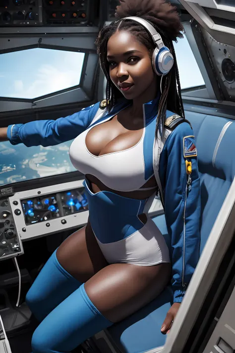 (A masterpice、Top resolution、Distinct_image、Detailed details、portlate。Angle from above): 、Lone Girl、(((Samantha Irvin)))、afro-haired girl、Whole human body、（the perfect body：1.4）、cuteness、a Pretty Pilot suit in white and blue colors、Tight Fit Clothing、Cloth...