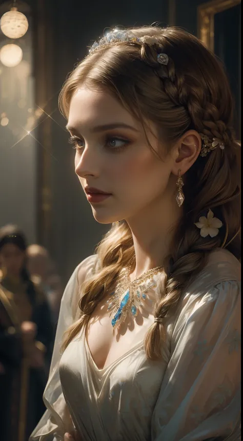 (Masterpieces with the best picture quality, Beautiful bust of a noble maiden, Classical braided hair, Clear eyes, Floral craftsmanship, Crystal jewelry, Ultra-down to the smallest detail, Soft lighting)