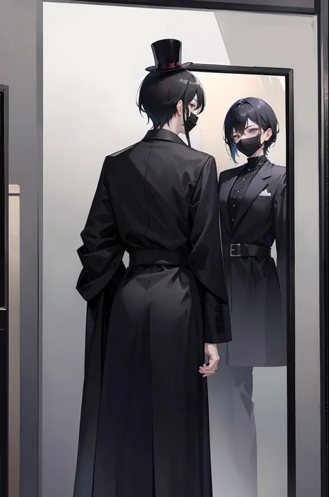 In the mirror there is a man looking at himself, full body profile, , 8k photograph, Male ulzzang,High-quality camera photos, high-quality photo, dressed in a black coat, Handsome black coat, wearing long black robe,Wearing a solid black mask,Wearing a bla...