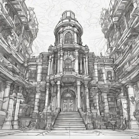 arafed drawing of a building with a clock tower and a staircase, concept art inspired by senior environment artist, Artstation contest winner, serial art, symmetric concept art, extremely detailed linework, senior concept artist, scenery art detailed, high...