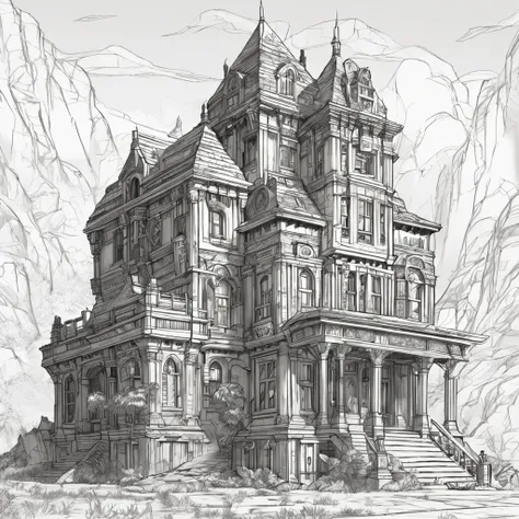 arafed drawing of a building with a clock tower and a staircase, concept art inspired by senior environment artist, Artstation contest winner, serial art, symmetric concept art, extremely detailed linework, senior concept artist, scenery art detailed, high...