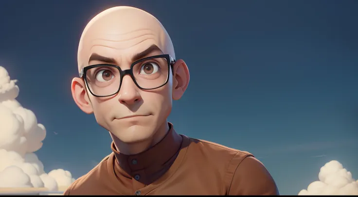 bald man, no hair , wearing glasses, no beard, brown clothes, full body , showing the sky, pixar disney cartoon style