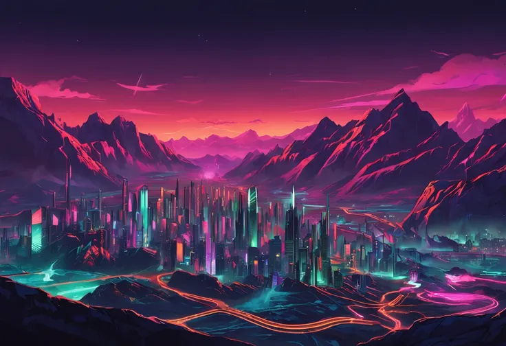 Photorealistic wide-angle view, over the top of the mountain view down a large deep valley with a cyberpunk metropolis late at night, the soft glow of neon lights against valley walls, dark sky