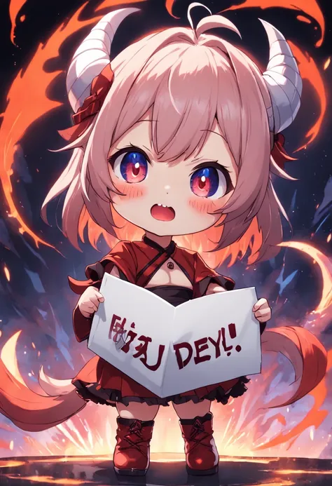 A chibi little devil holding a white bord saying "Are you Happy?", Perfect Text, HD