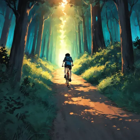 imagine um lobo ciclista correndo de bicicleta na floresta a noite