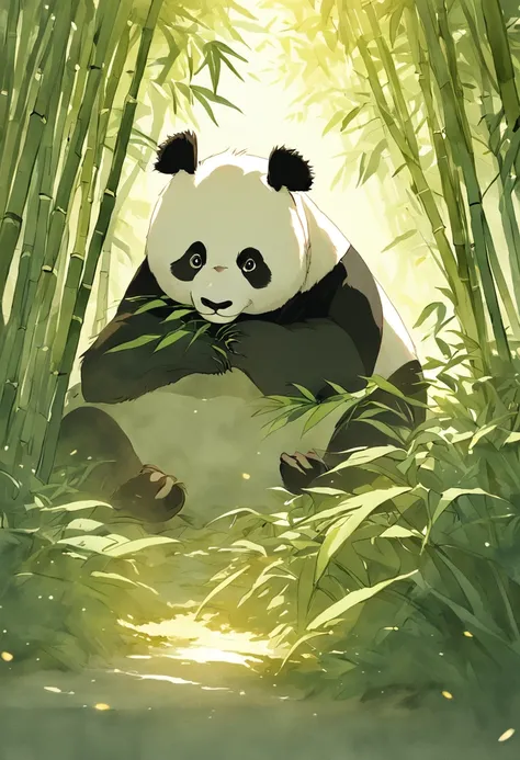 um panda peludo bonito brincando com uma abelha em clareiras de bambu ensolaradas, Warm light filters through the foliage. textura detalhada do pelo, Clima natural tranquilo, soft-lighting. Estilo aquarela tradicional. --AR 4:5 --s 400 --niji 5