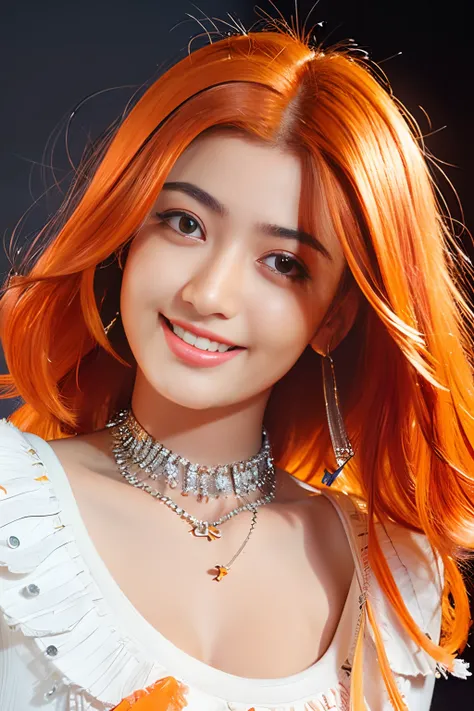 (extra detailed body、extra detailed face、best qualtiy:1.2)、femele、looking at the viewers、(Orange hair、Flashy clothes、12year old、a smile、Feather piercings down to the bottom of the shoulder、hippy、hair adornments、Fancy Necklaces、bell-bottoms)、(Crossroads:1.4...