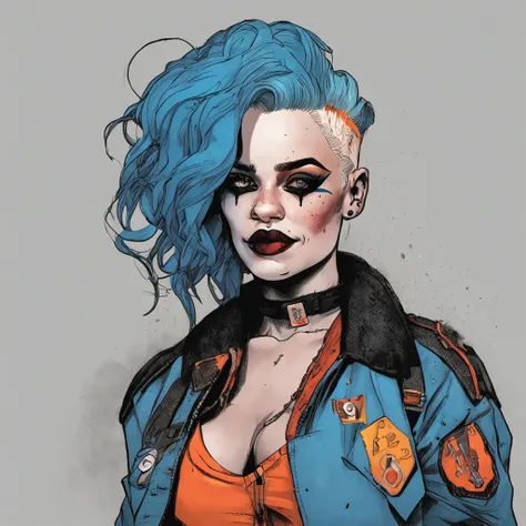 Harley Quinn dressed in military regalia with blue hair, in the style of auto-destructive art, clowncore, dc comics, emphasizes emotion over realism, light azure and orange, high-contrast realism, happycore