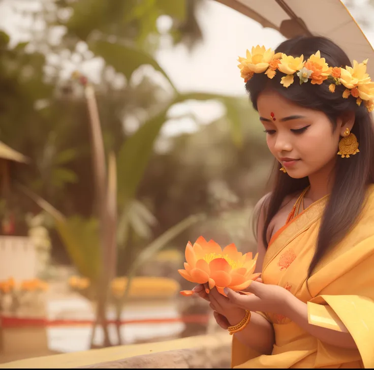 there is a woman in a yellow dress holding a flower, assamese aesthetic, lotus floral crown girl, traditional beauty, wearing bihu dress mekhela sador, candid photography, candid picture, traditional, with yellow cloths, traditional photography, hindu aest...