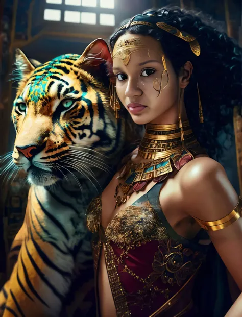 uma mulher em um traje com um tigre em seu ombro, trending in cgsociety, arte de fantasia hiperrealista, trending on cgsociety art, CGSsociety, impressionante;, bela arte digital, cgsociety cores saturadas, Vencedor do concurso CGSetline!!, arte de fantasi...