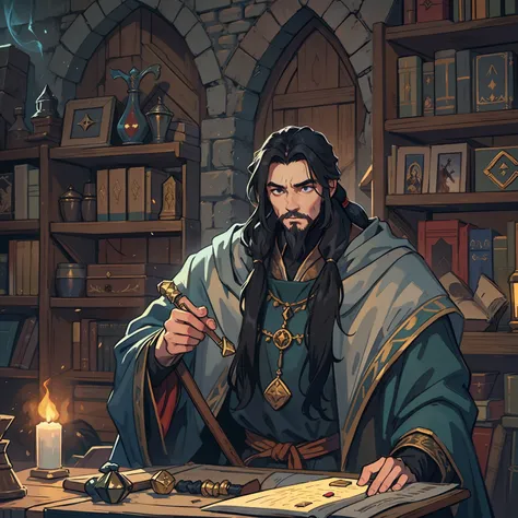 a man with long black hair ponytail hair ponytail he is a sorcerer wearing medieval sorcerers robes a wizard for an rpg medieval rpg illustration rpg medieval art medieval illustration for medieval rpg dnd