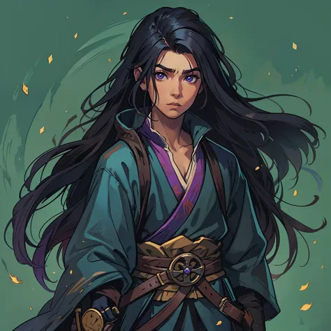 a young Latino with long black hair ponytail hair ponytail he is a sorcerer wearing medieval ninja robes with a purple belt at the waist for a rpg rpg medieval rpg illustration rpg medieval art medieval illustration for medieval rpg dnd